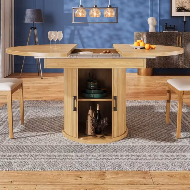 Tavolo da pranzo allungabile con vano contenitore e piano rotondo in MDF naturale 118 × 118 × 76.8 cm