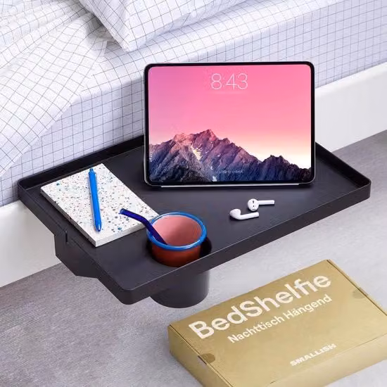 Comodino sospeso con clip per bicchiere, mensola da notte minimalista per letto e letto a castello, nero