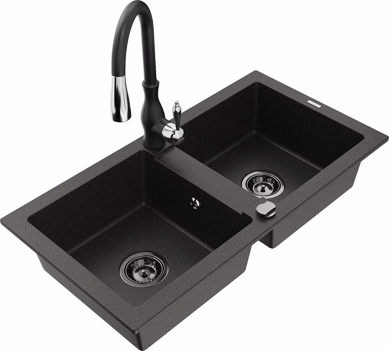 Mexen Mario lavello in granito a 2 vasche con rubinetto da cucina Savita, nero/oro metallizzato - 6504-75-672601-70-B