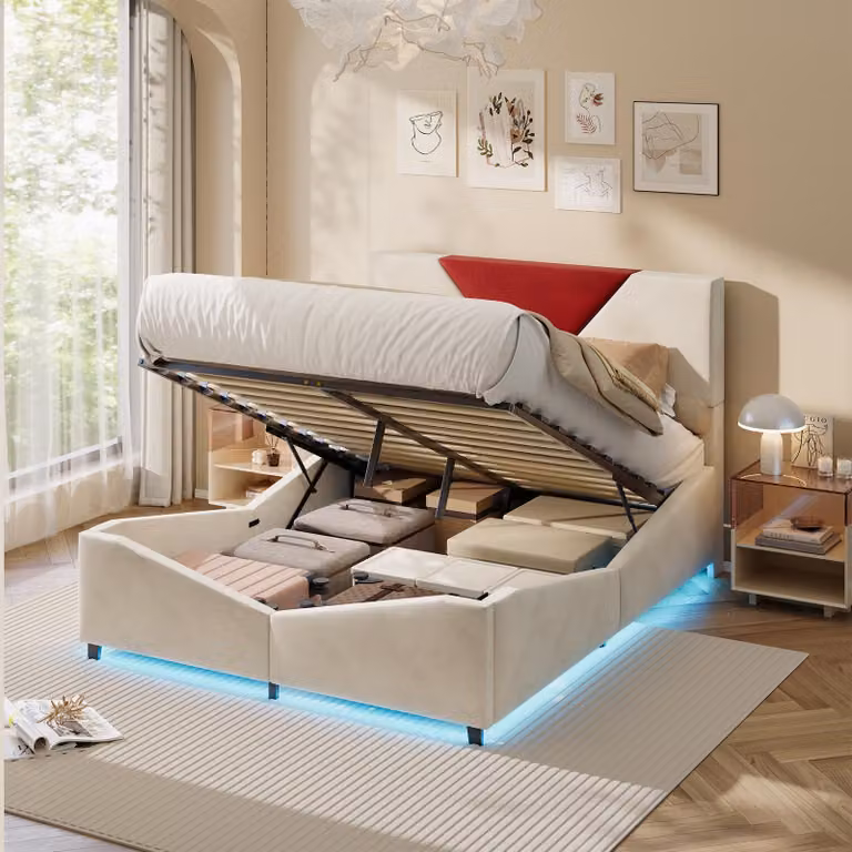 Letto imbottito ProximaX, 140x200 cm, rivestito in velluto beige, con contenitore, illuminazione LED RGB e porta USB