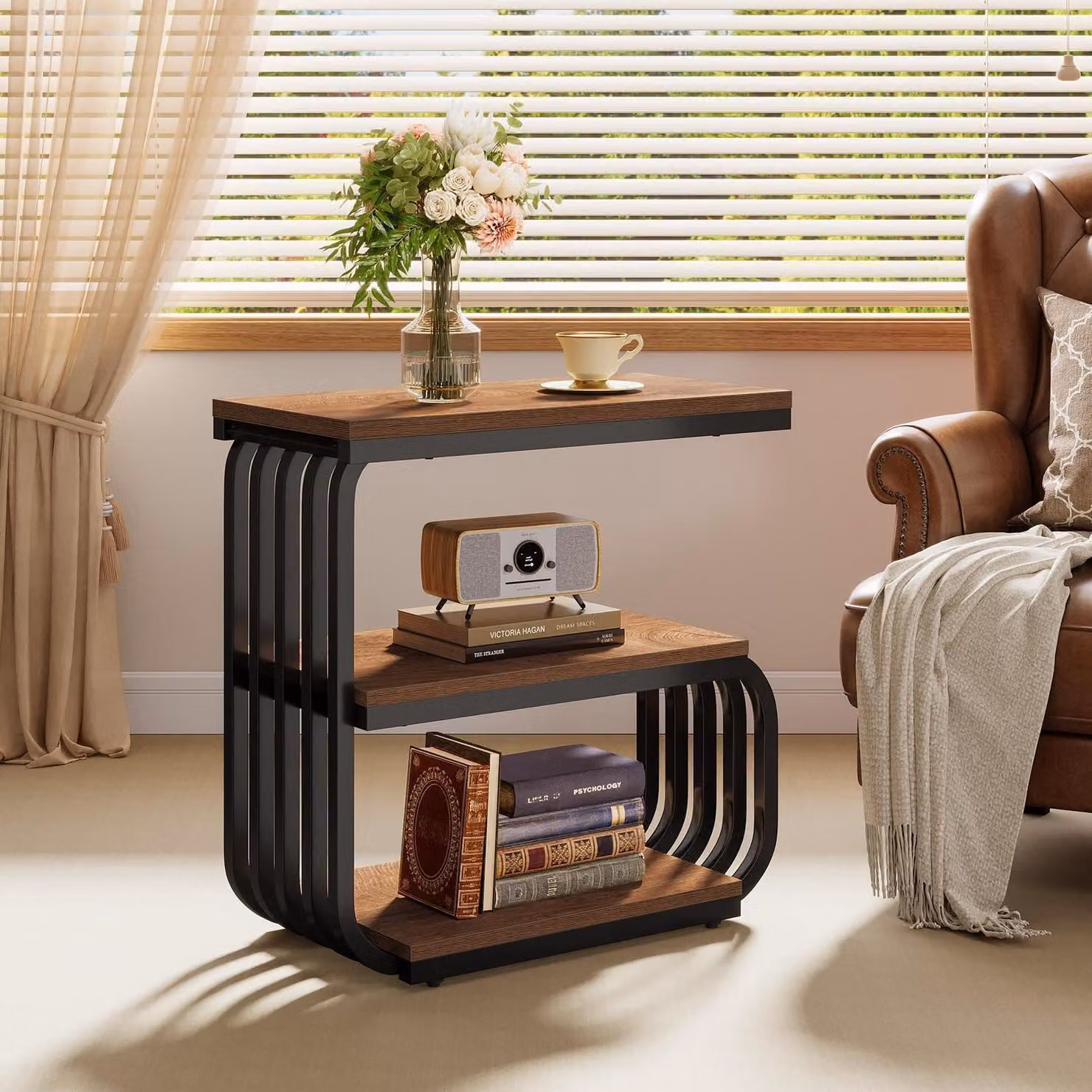 Tavolino laterale a 3 ripiani, design industriale, colore marrone, metallo e legno