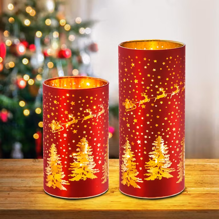 Set di 2 lampade natalizie, in vetro, con tecnologia LED, timer, luce bianco caldo, dimensioni 9x15/20 cm