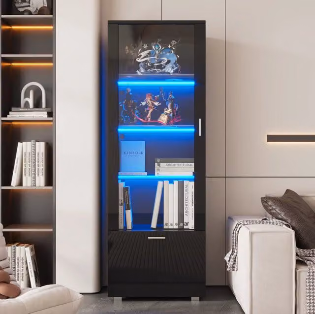 Vetrina nera lucida con LED, porte in acrilico e ripiani in vetro temperato, 3 ripiani, 40x50x160 cm