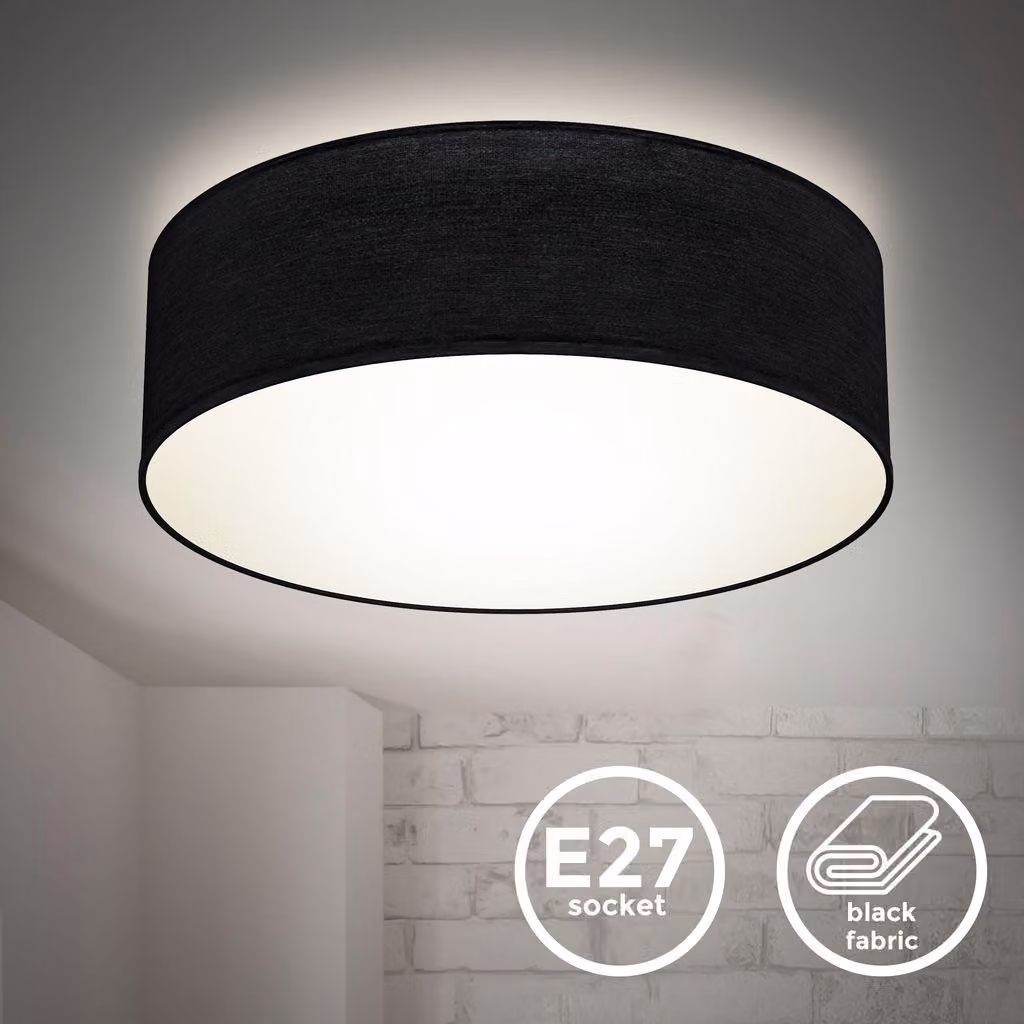 B.K.Licht Plafoniera in tessuto nero, attacco per lampadina E27 non inclusa, Lampada da soffitto diametro 30cm, Lampadario moderno per salotto o camera da letto, IP20