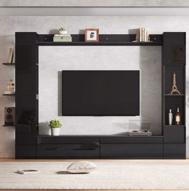 Parete attrezzata TV in MDF con vetrina e ripiani aperti; 245 x 30 x 170 cm; nera