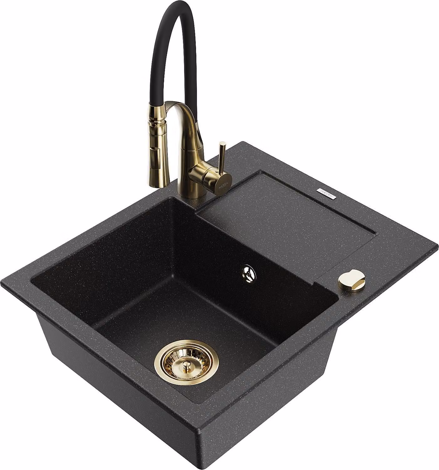 Mexen Enzo lavello in granito a 1 vasca con scolapiatti e rubinetto da cucina Aster, nero/argento metallizzato