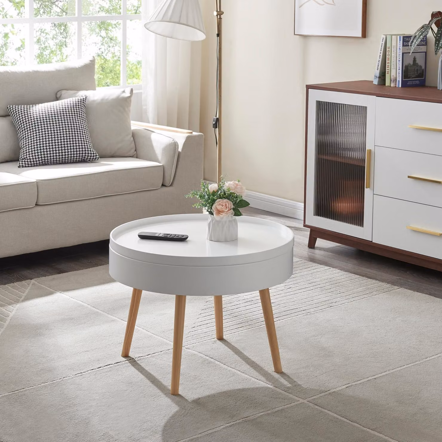 Tavolino 'Bongard' con piano estraibile Ø60 x 45 cm Tavolo da soggiorno in look liscio rotondo bianco