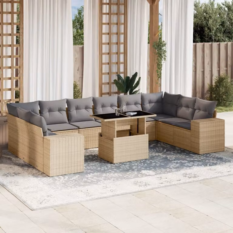 vidaXL Set Divani da Giardino 11 pz con Cuscini Beige e Grigio in Polyrattan e Acciaio
