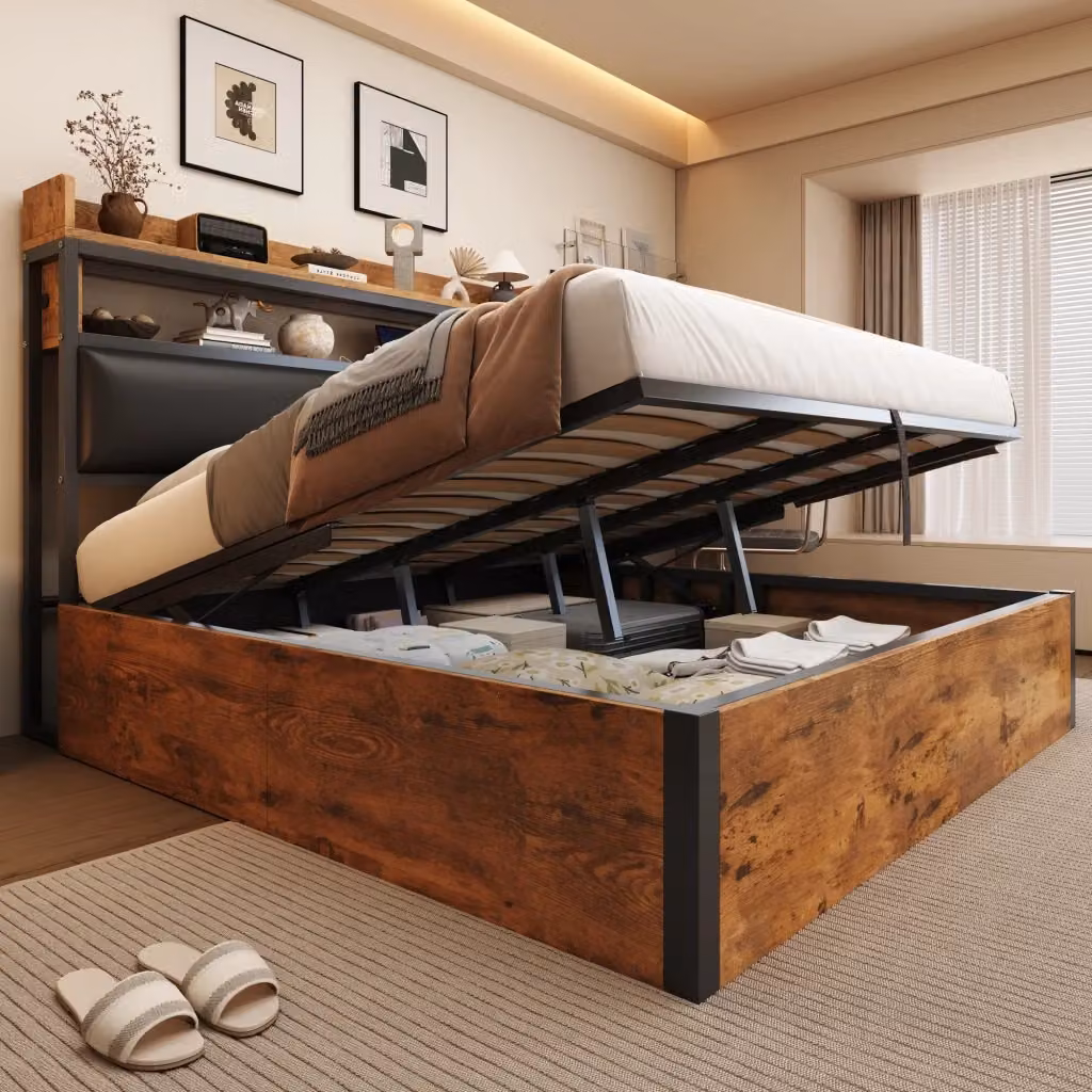 Letto contenitore matrimoniale OKWISH in stile industrial con sollevamento idraulico, porta USB e ripiani, nero, L/P: 180 x 200 cm – 2