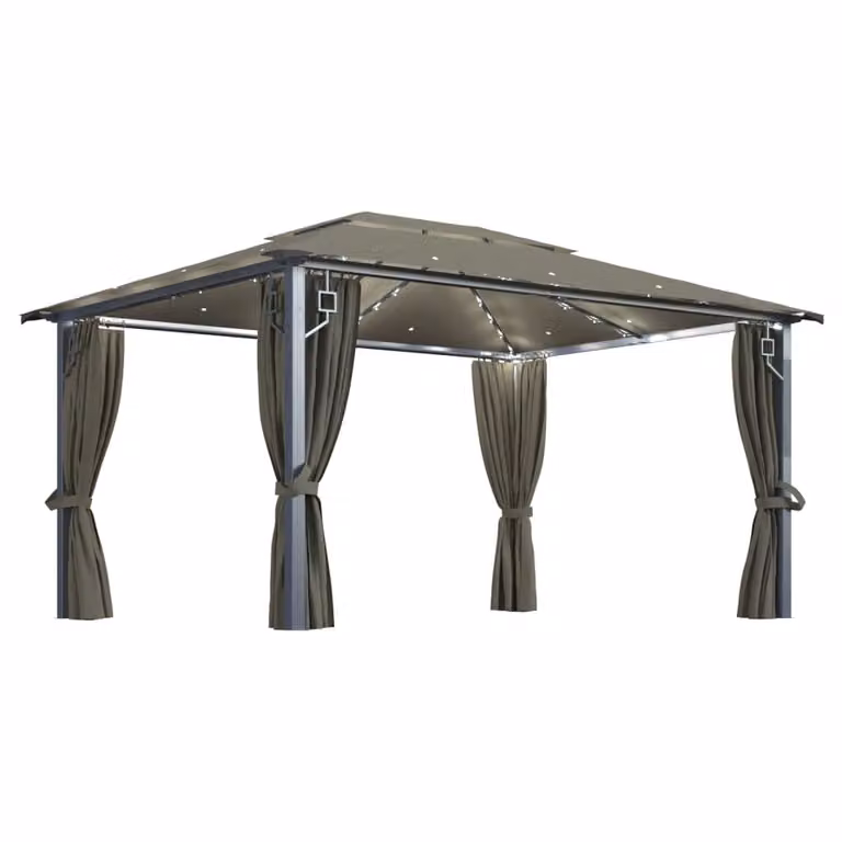 Gazebo con Tende e Luci LED 400x300 cm Grigio Talpa Alluminio