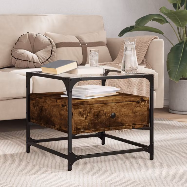 vidaXL Tavolino Quadrato con Piano in Vetro e Rovere Fumo, L/P/H: 50 x 50 x 45 cm