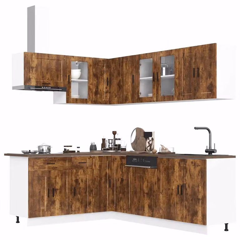 Set di mobili da cucina moderno vidaXL composto da 11 pezzi in colore marrone con finitura opaca e dettagli in legno e vetro