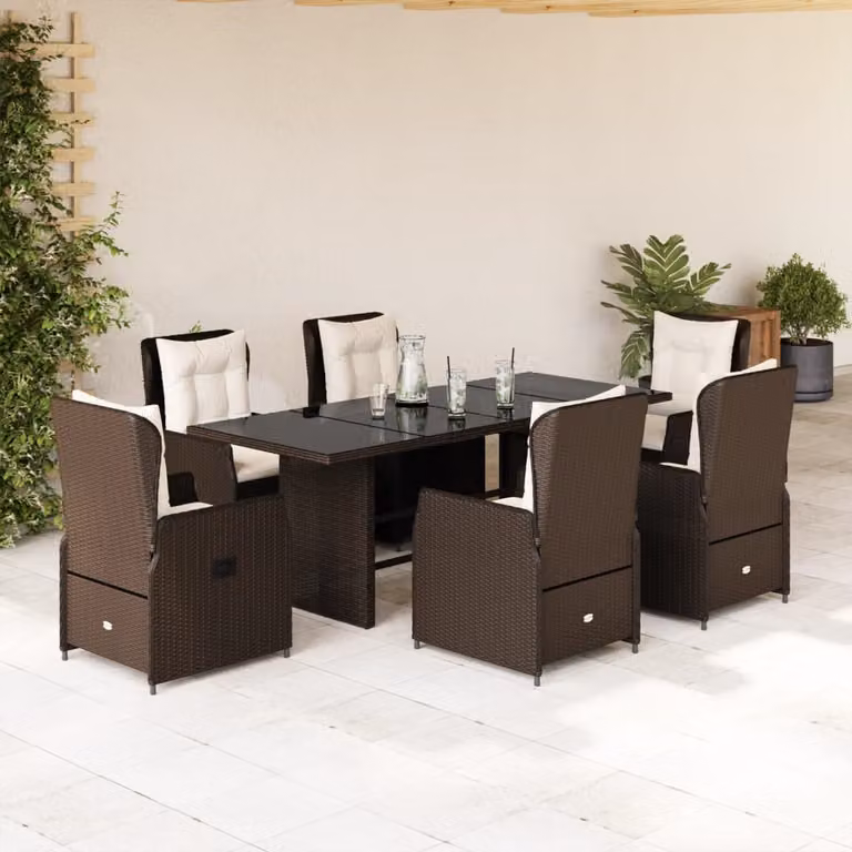 Set da pranzo da giardino vidaXL in polyrattan marrone con cuscini bianchi e tavolo in vetro