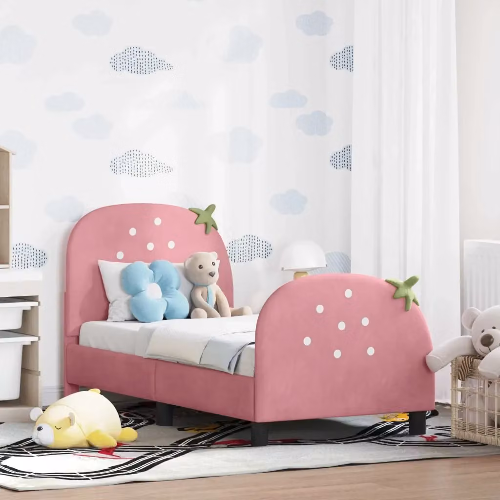 Letto singolo moderno per bambini e adulti con struttura imbottita in velluto rosa, L/P/H: 140 x 79 x 70 cm – 2