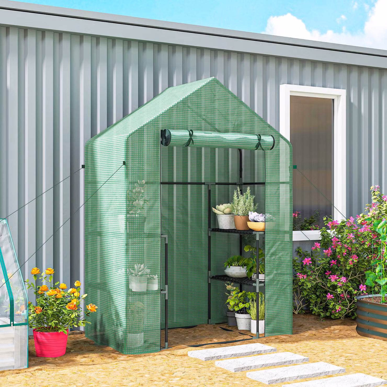 Serra da giardino Outsunny con 2 mensole a 3 livelli e ingresso a zip, in acciaio e PE, Verde, L 142 cm x P 73 cm x H 195 cm – 2