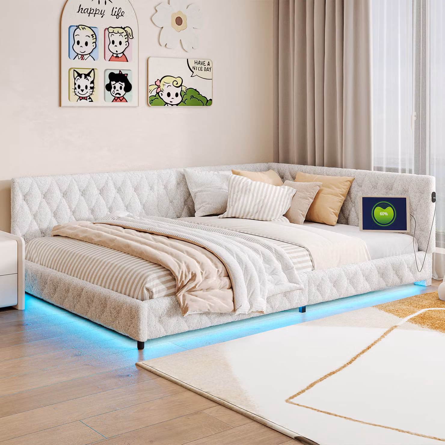 Letto imbottito matrimoniale 140x200 cm con LED e porta USB, testata, rete a doghe, beige, design moderno, ideale per camere da letto, funzionale e confortevole
