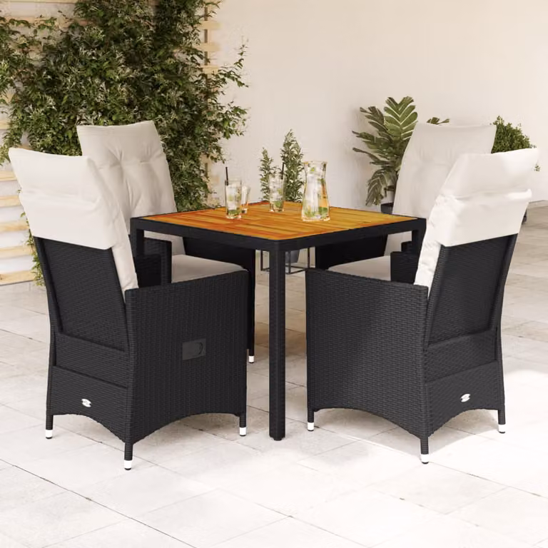 Set da pranzo da giardino vidaXL in legno di acacia oliato e polyrattan con 5 pezzi, nero e bianco