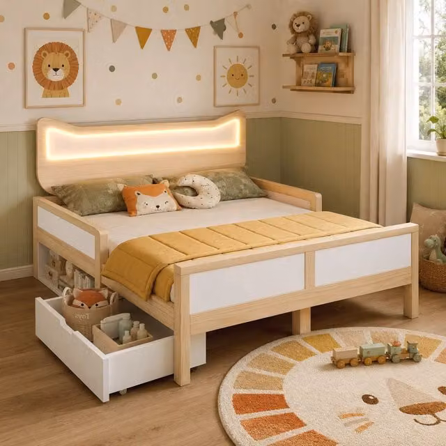 Letto per bambini 140x200 cm con testiera gatto; LED RGB; cassetto e vano reversibili; legno bianco e rovere