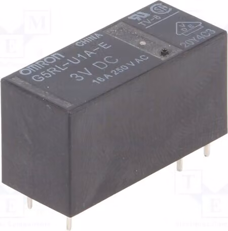 1 relè: bobina elettromagnetica, 3 VDC, 16 A / 250 VAC, 600 mW, modello G5RL-U1A-E-3DC, elettrico