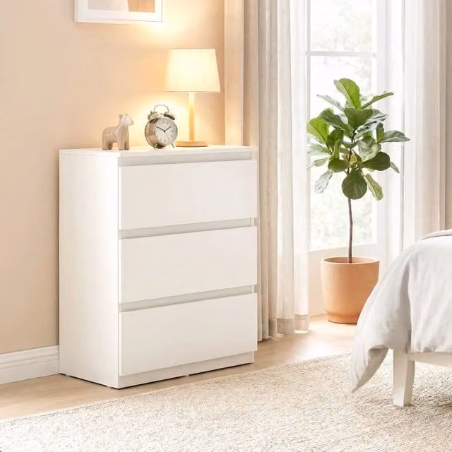 Comò con 3 cassetti senza maniglie e finitura opaca per camera da letto, bianco, 75 × 55 × 34 cm