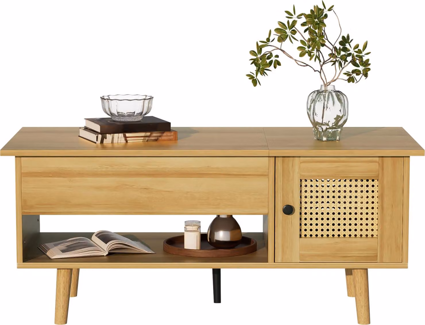 Tavolino in legno Fortuna Lai con piano ribaltabile e rattan, maniglie nere, tavolino con vano portaoggetti