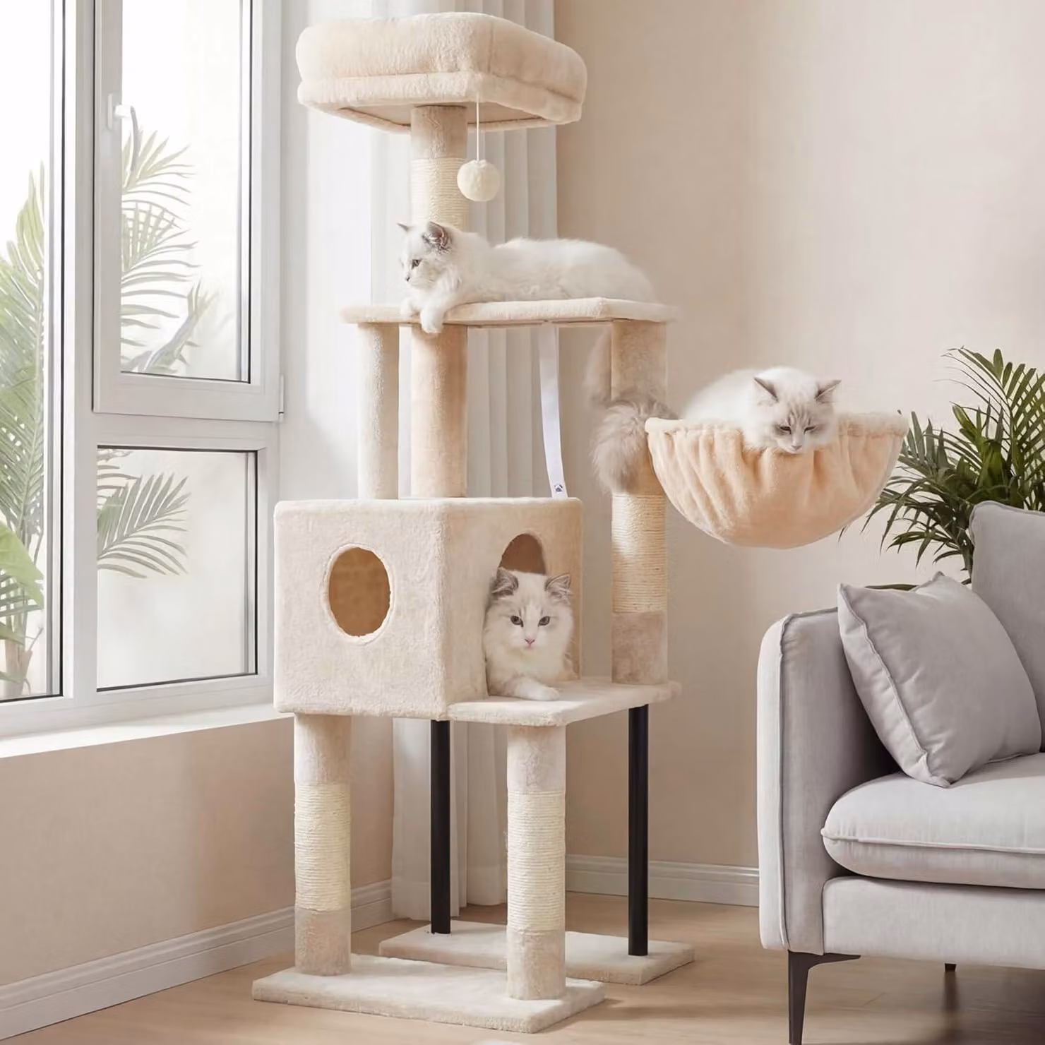 Albero per gatti, altezza 125 cm, con rifugio, struttura in tubi d'acciaio, superficie di riposo in peluche, amaca, colore beige