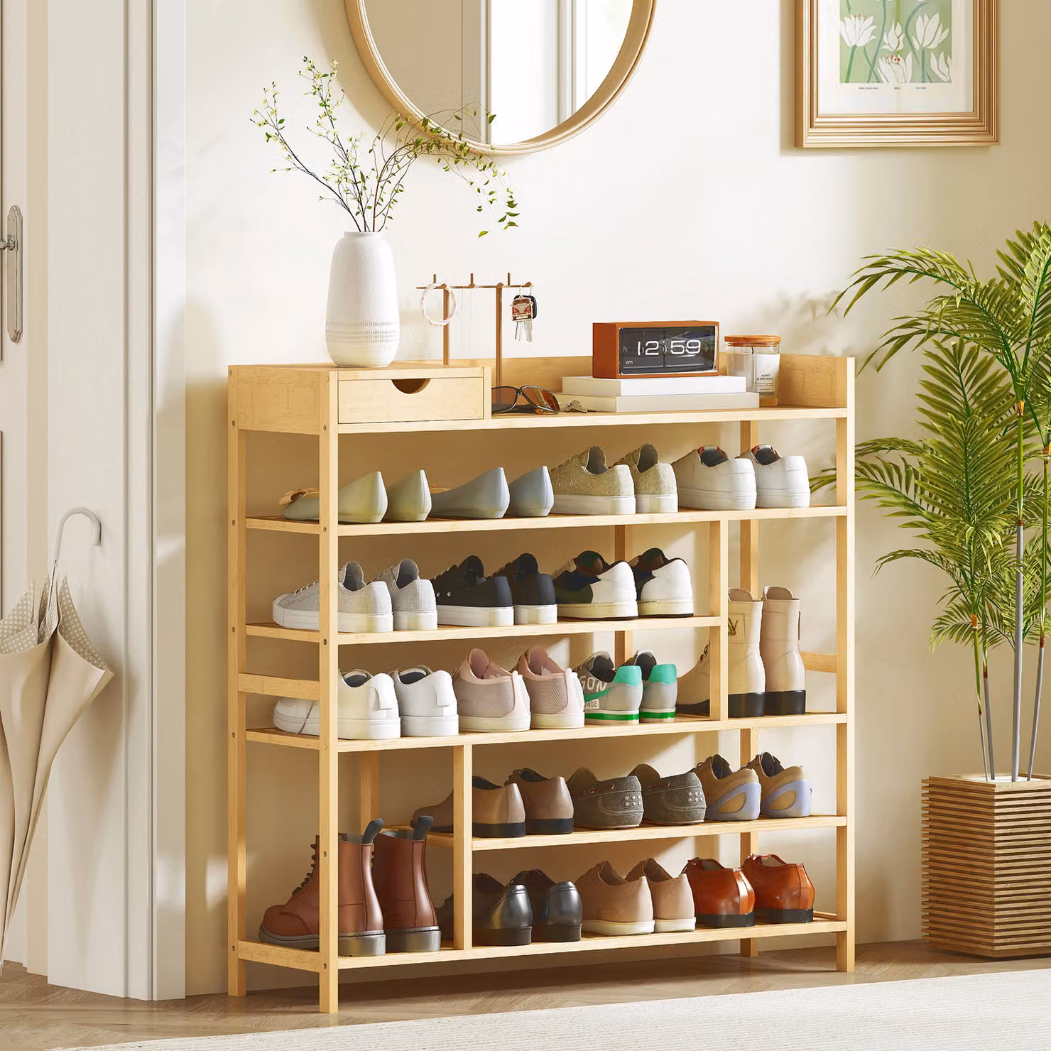 Scarpiera HOMCOM in bambù con 6 livelli per 18 paia di scarpe, ideale per ingresso o camera da letto, L: 101 cm, P: 30 cm, H: 100 cm, Naturale – 2