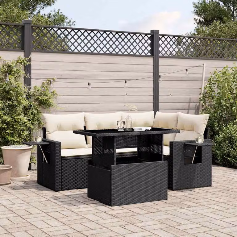 vidaXL Set Divani da Giardino 5 pz a Forma a L in Polyrattan Nero con Cuscini e Tavolino