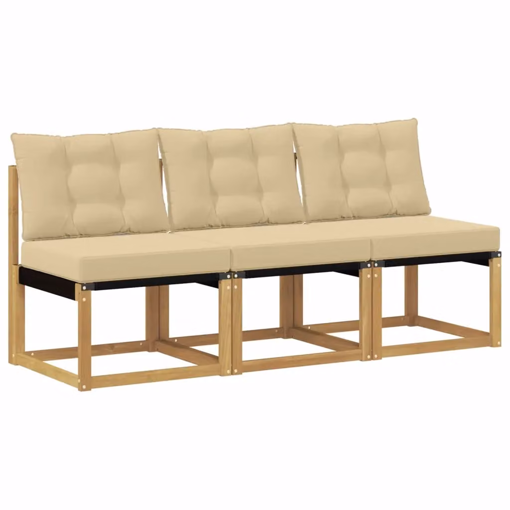 Divano centrale componibile per esterno in tessuto beige e bianco con struttura in legno di acacia e schiuma, ideale per giardino, balcone o terrazza – 2