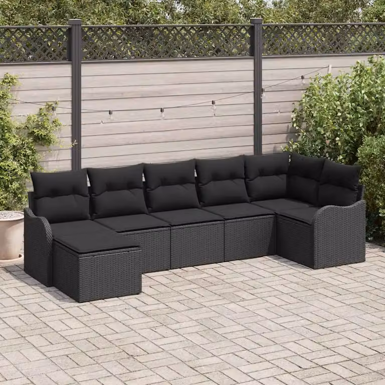 Set Divano da Giardino a L vidaXL in Polyrattan Nero con 7 Pezzi e Cuscini Imbottiti