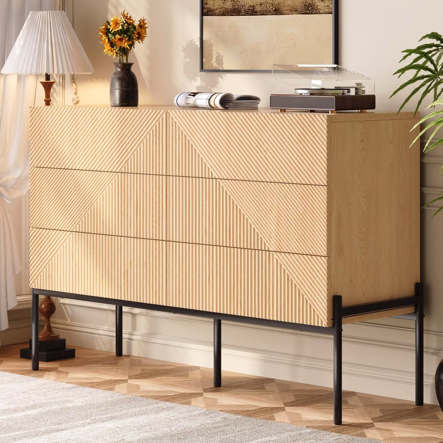 Credenza Merax con texture 3D e 6 cassetti, effetto legno, comò multifunzionale con gambe in metallo, mobile da soggiorno per soggiorno e sala da pranzo