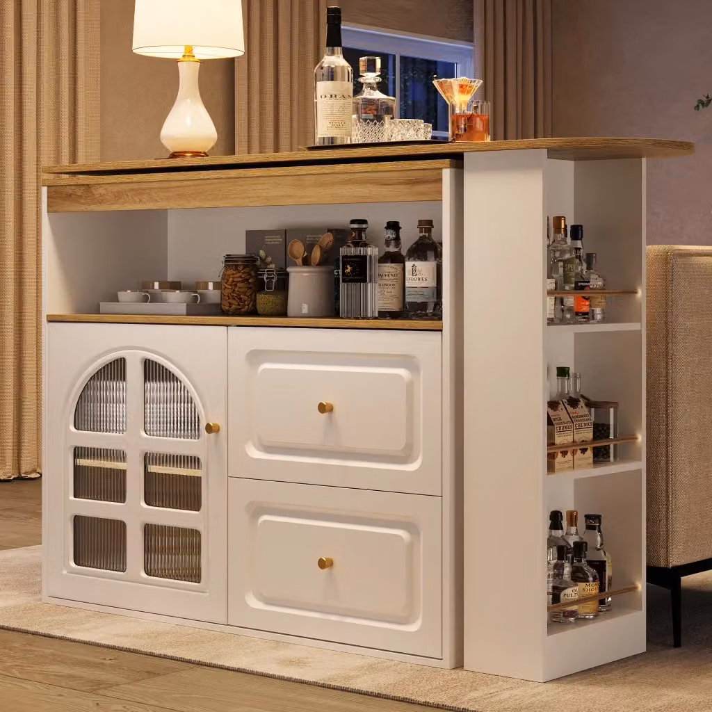 Mobile bar WISHDOR bianco con piano girevole 360° allungabile, 2 cassetti e anta in vetro, L: 138-204 cm, P: 39 cm, H: 104 cm – 2