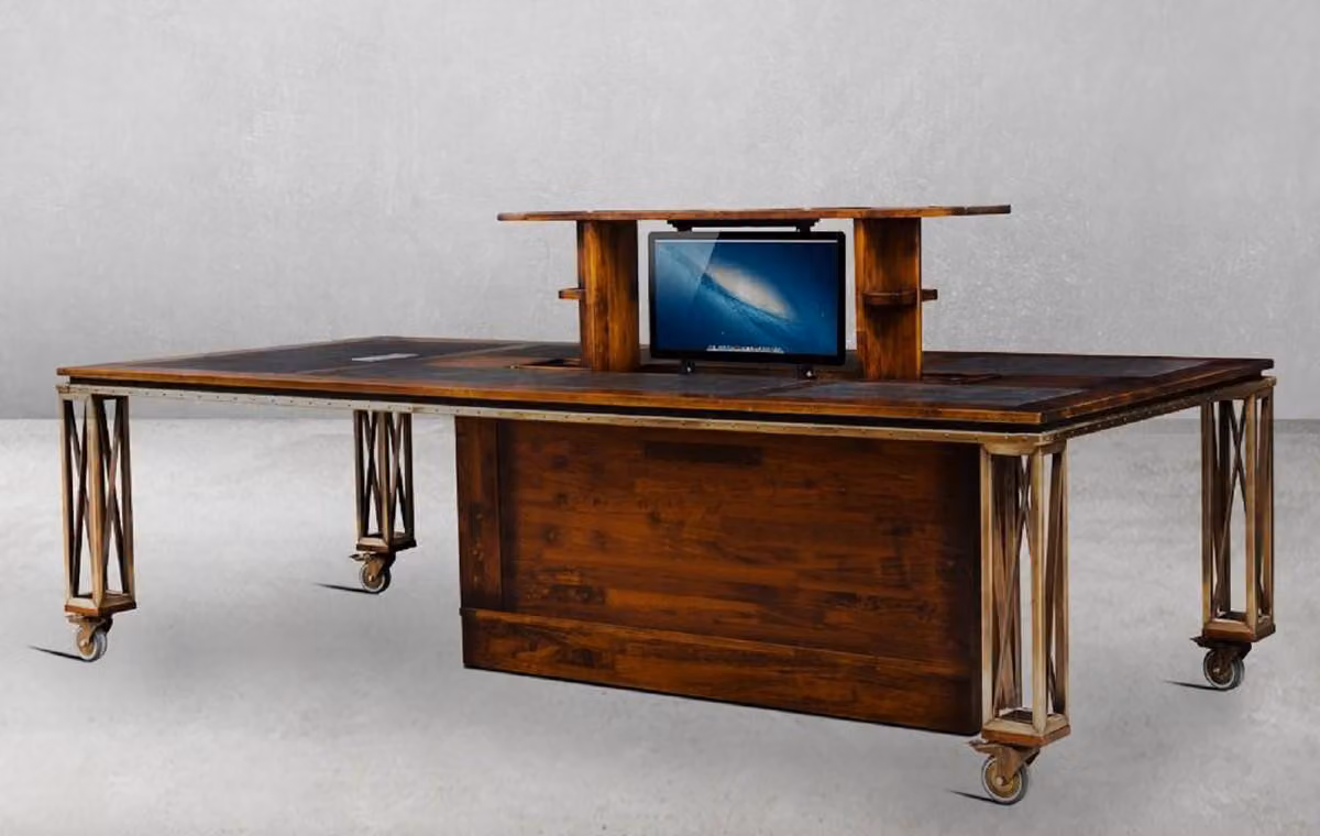 Casa Padrino scrivania in stile vintage marrone / ottone / nero 270 x 120 x h. 76 cm - Scrivania in legno massello con rotelle - Mobili da ufficio in stile vintage - Mobili da ufficio