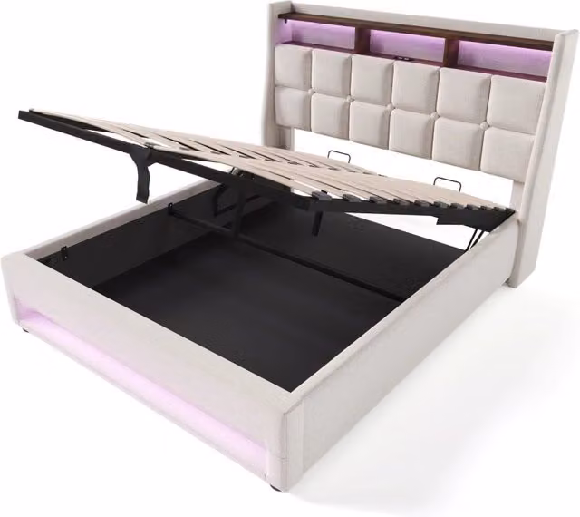 Letto imbottito 140x200 cm con LED, struttura in lino color beige chiaro, USB integrata e rete a doghe in metallo