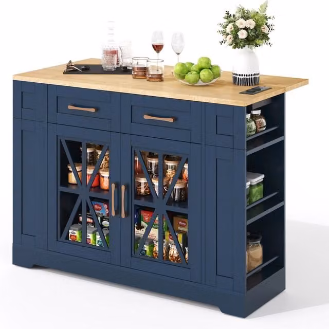Isola cucina 120 cm con tavolo pieghevole in MDF; ruote con freni; 2 prese e 2 porte USB; blu e naturale