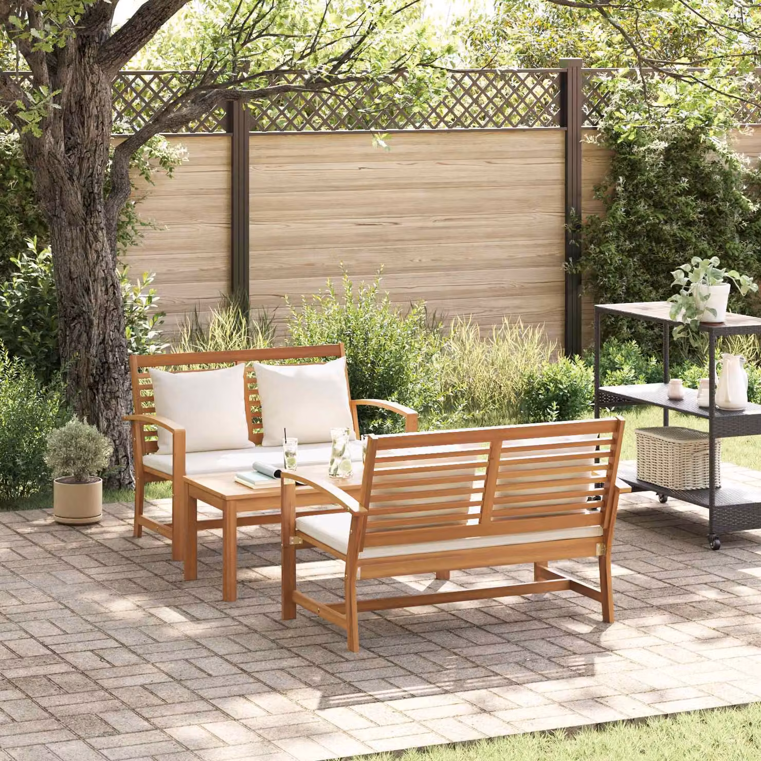 Set Divano da Giardino vidaXL in 3 Pezzi in Legno di Teak Solido Marrone con Cuscini per Esterno – 1