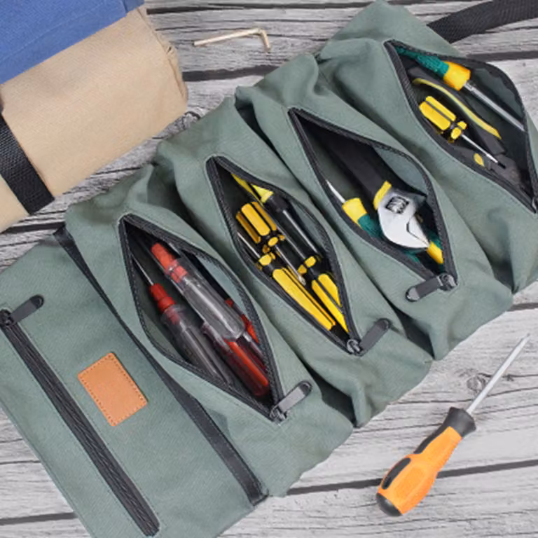 Borsa porta attrezzi in tela arrotolabile, borsa multiuso arrotolabile con 5 tasche con cerniera, borsa per auto e moto, per riporre chiavi, chiavi a bussola e cacciaviti