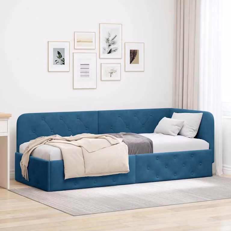 Cornice del letto ad angolo vidaXL in velluto blu, L/P/H: 200 x 80 x 72 cm