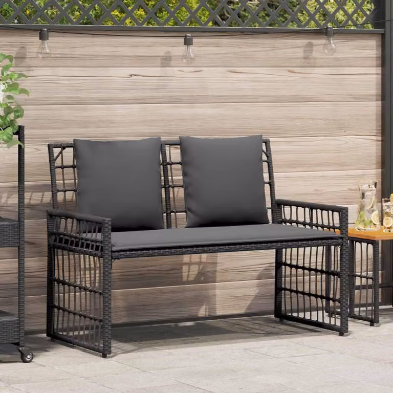 Panca da giardino moderna in rattan sintetico e acciaio, con cuscino