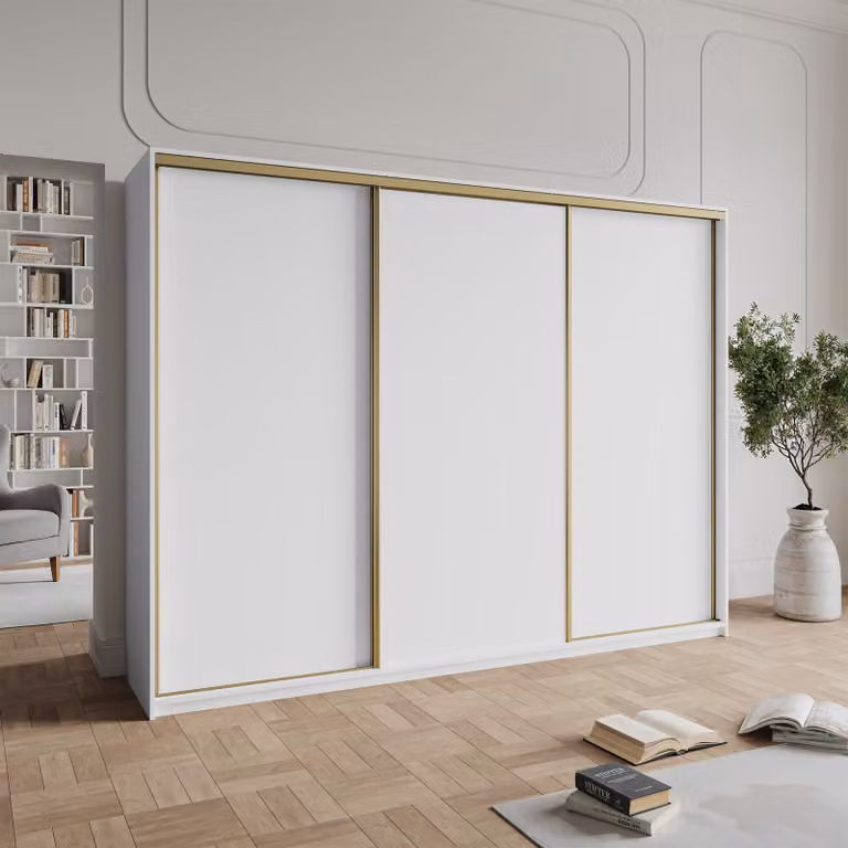 Armadio a porte scorrevoli Masseno NISSE 270/205/60 cm, armadio con cassetti, armadio da camera da letto a 3 ante, bianco + oro
