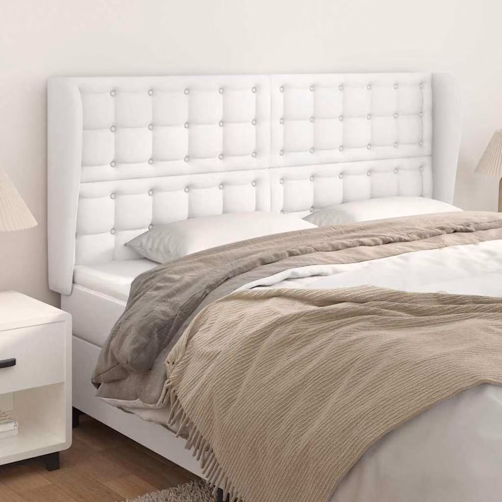 Testiera ad orecchio vidaXL in similpelle bianca con struttura in legno, L: 203 cm, P: 23 cm, H: 118/128 cm