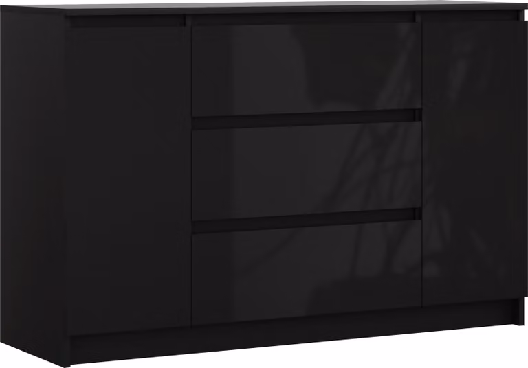 Cassettiera, nero opaco, nero lucido, 120 x 39 x 78 cm, 2 ante, 3 cassetti