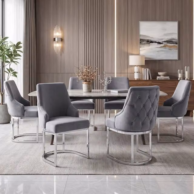 Set 6 sedie da pranzo in velluto grigio con gambe in metallo argentato, trapuntatura 3D