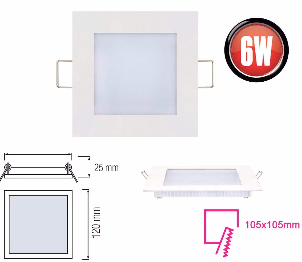 6W LED slim da incasso Plafoniera da incasso spot slim pannello angolare 12x12 cm bianco freddo