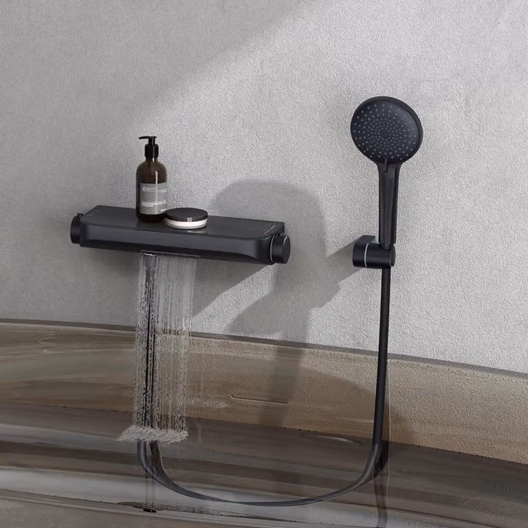 doporro Sistema Doccia Termostatico con Doccetta a Mano Nero Opaco Miscelatore per Vasca Soffione in Ottone con Mensola Portaoggetti per Bagno Duschsystem8