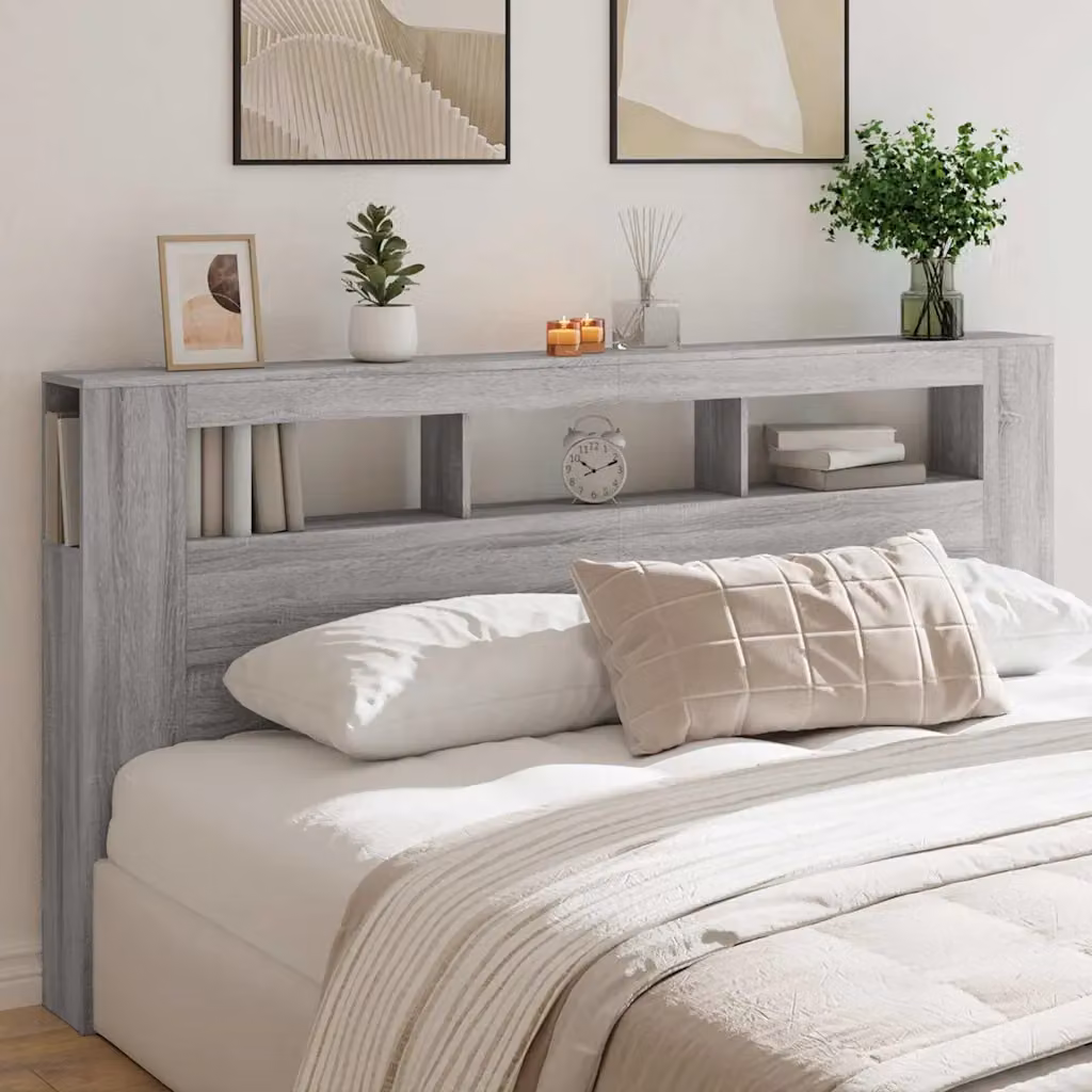 Testiera per letto con LED e porta USB vidaXL in legno multistrato, Grigio Sonoma, L 200 x P 18,5 x H 103,5 cm