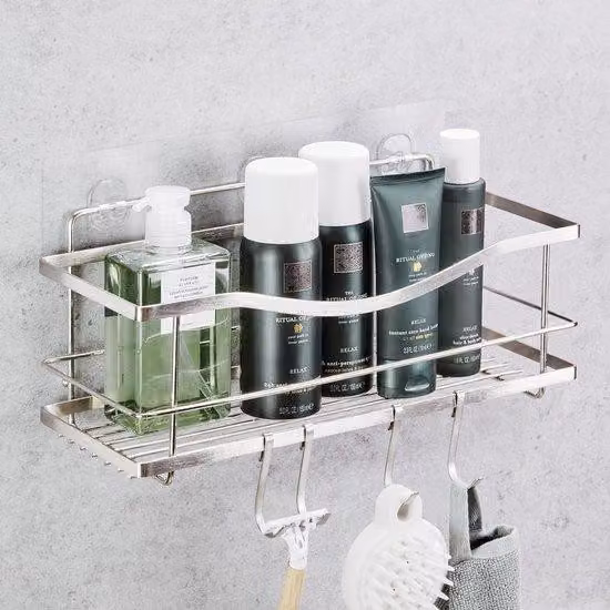 Mensola autoadesiva per doccia - Acciaio inox - 4 ganci - Argento lucido