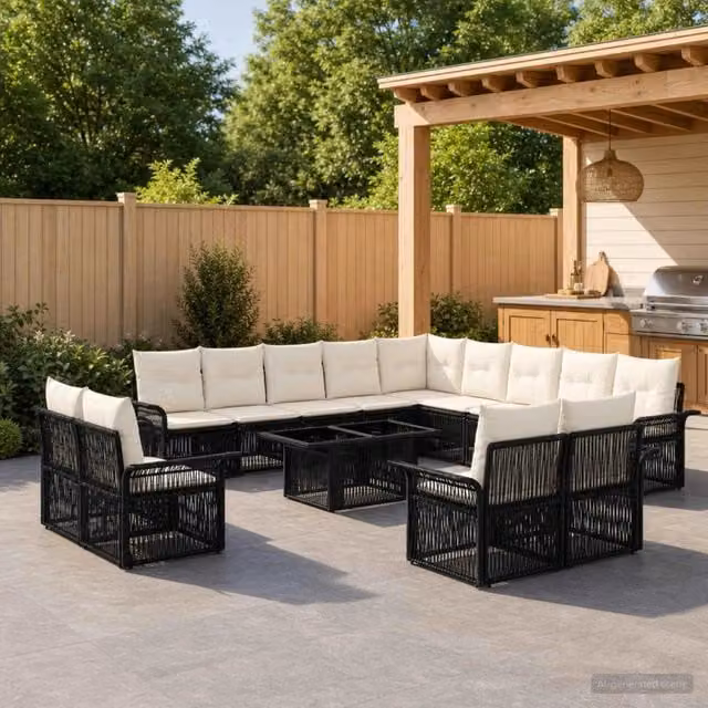 Set Divano da Giardino a L vidaXL con Tavolino e Cuscini, Nero e Bianco Crema – 1