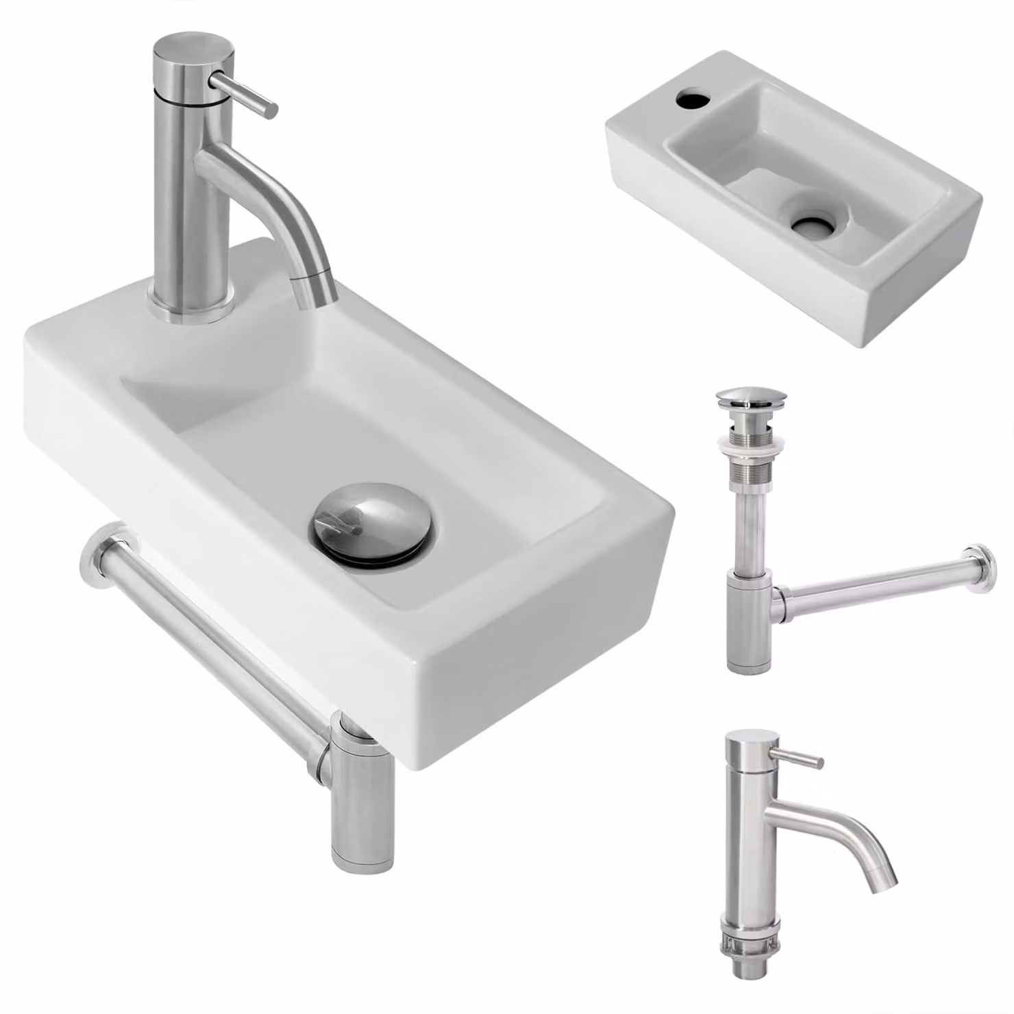 Lavabo piccolo bianco, dimensioni 370x185x90 mm, completo di rubinetteria, da montare a parete