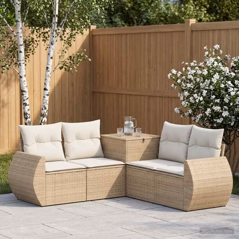 Set di divani da giardino vidaXL in polyrattan beige e bianco crema con cuscini inclusi e design a L moderno